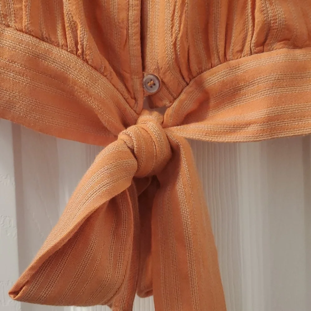 FREE PEOPLE Rosemary Ruffle Peasant Boho Tie Front Top Coral Stripe NWT